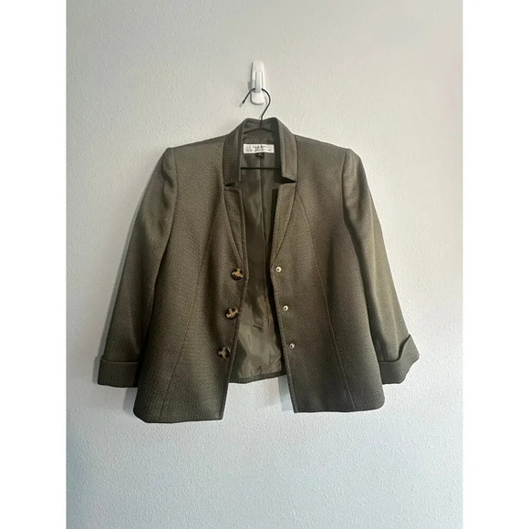 Tahari Arthur S Levine Womens Blazer Jacket Olive Green Three Button Textured - Picture 10 of 16